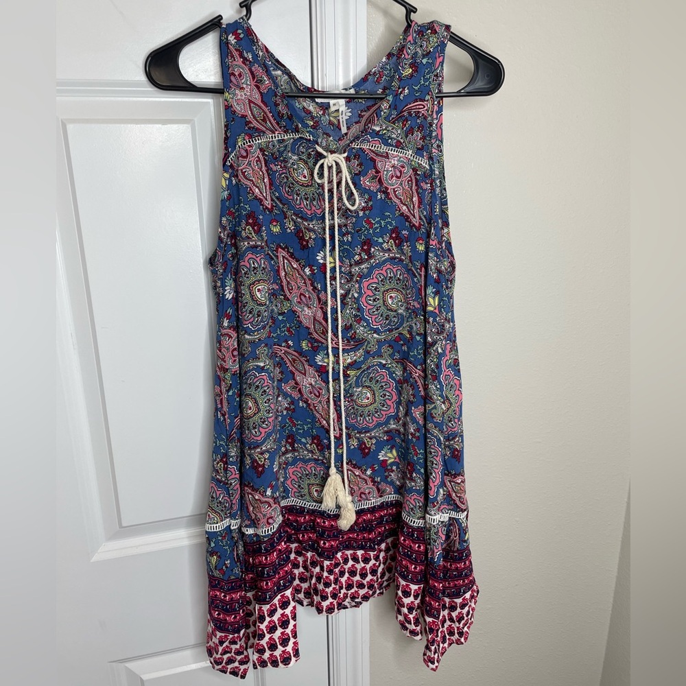 Soieblu Blue Paisley Boho Sleeveless Tassel Tie Dress Tunic Dress Size M - Picture 2 of 8